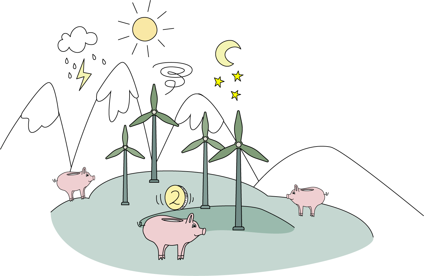 Illustration, Landschaft mit Sparschweinen
