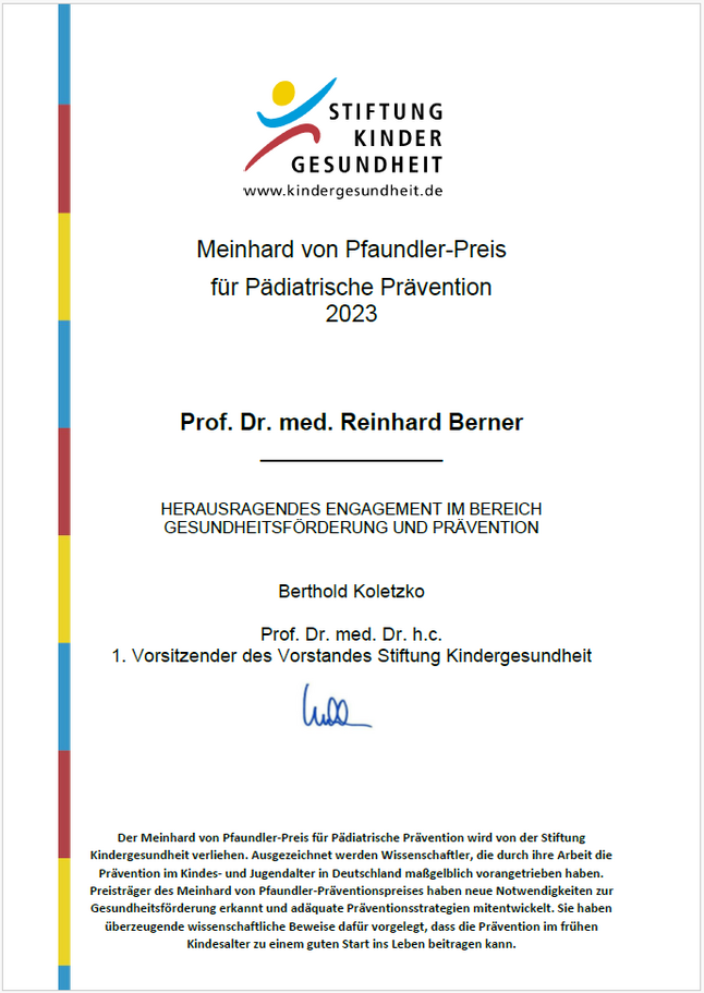 Urkunde Meinhardt-von-Pfaundler-Preis 2022 für pädiatrische Prävention Lajos Schöne